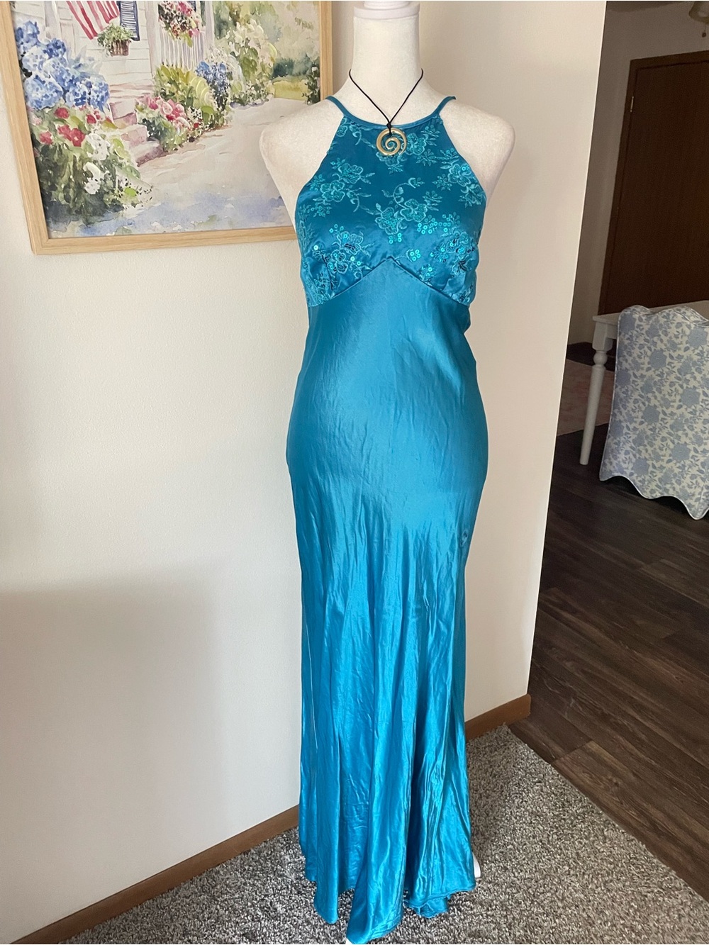 Zum Zum By Niki Livas Vintage 90s Y2K Sequin Halter Satin Prom Dress Teal 9/10